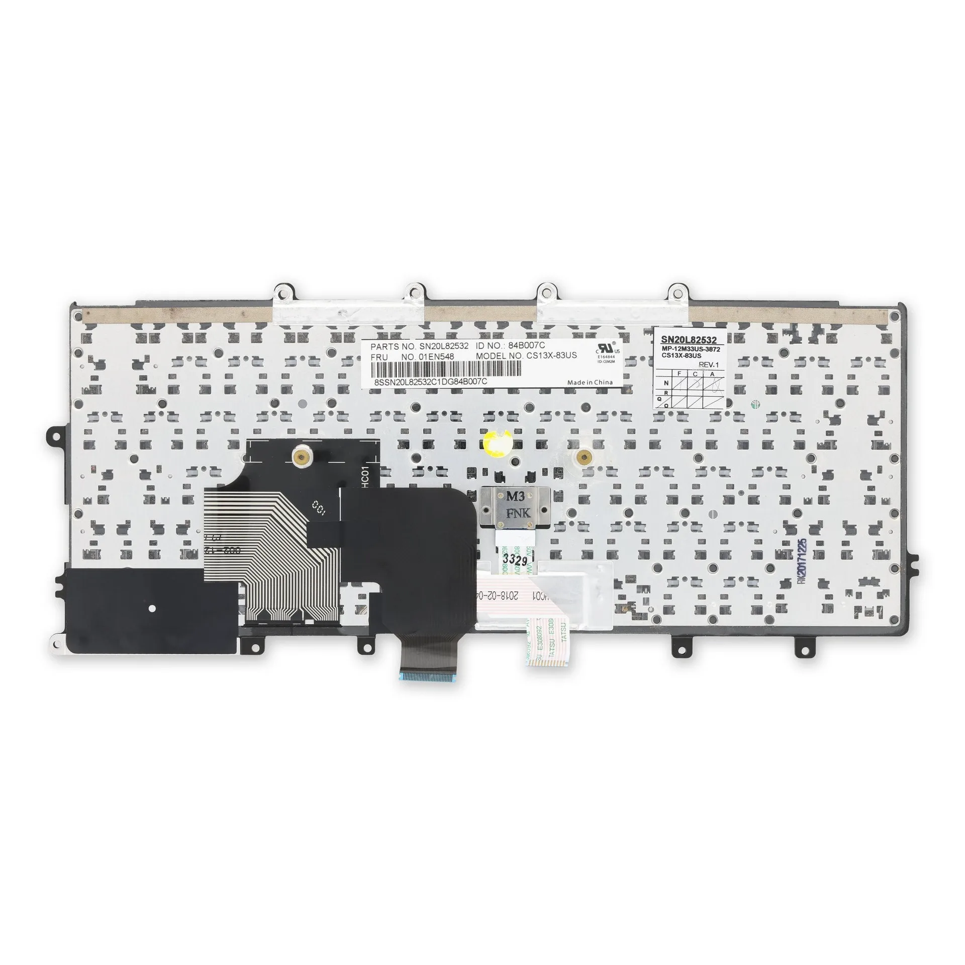 Ảnh tham chiếu mặt sau bàn phím ThinkPad X270, bản 01EN548 US. Cần đối chiếu tem và cáp trước khi thay.
