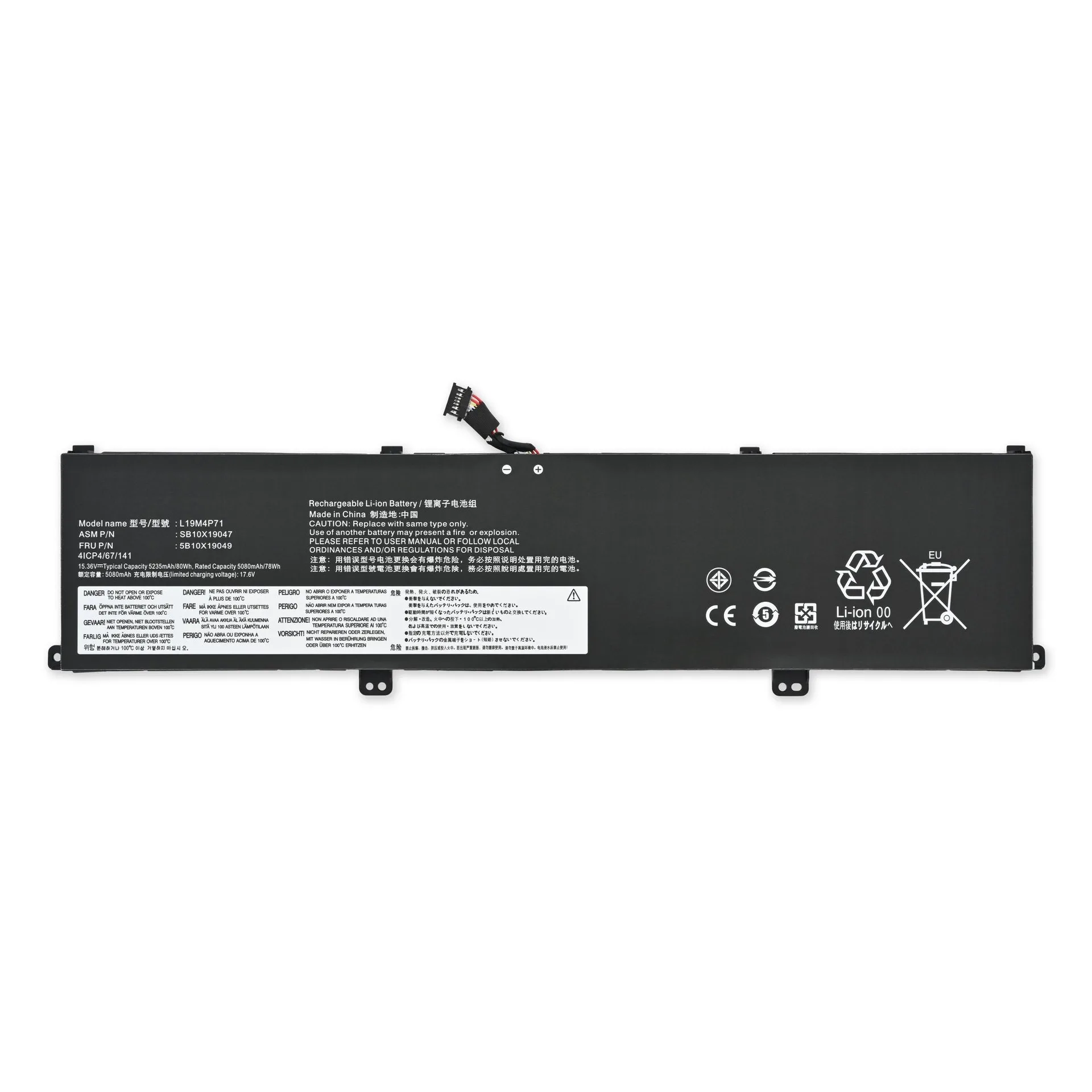 Ảnh tham chiếu pin P1 Gen 3: nhãn L19M4P71, 5B10X19049, 15.36V; không phải ảnh pin tại shop.