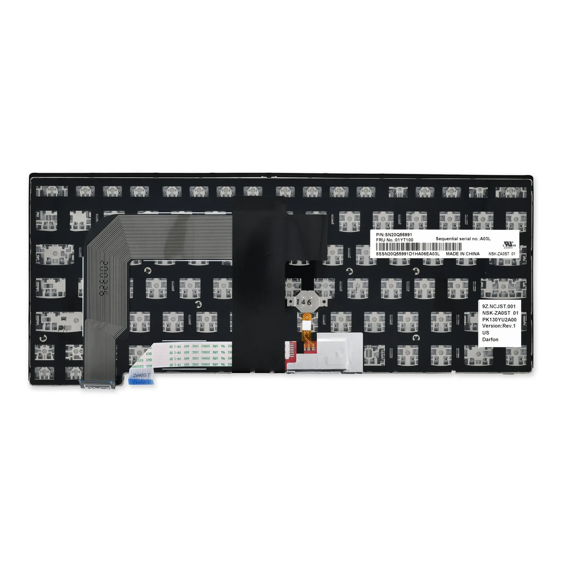 Mặt sau bản tham chiếu 01YT100 cho T470s: tem FRU, cáp và vị trí vít. Shop xác nhận đúng bản trước khi thay.