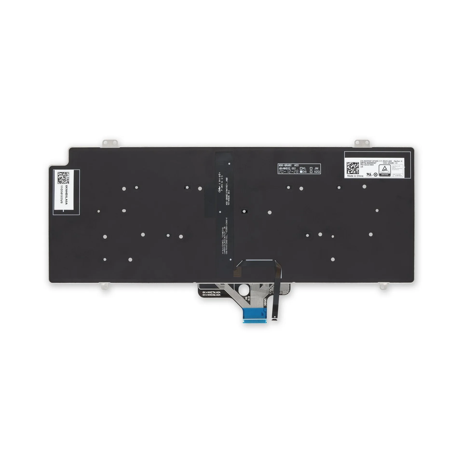 Ảnh tham chiếu mặt sau bàn phím Latitude 7410, bản GMM47 US, có đèn nền. Cần đối chiếu tem và cáp trước khi thay.