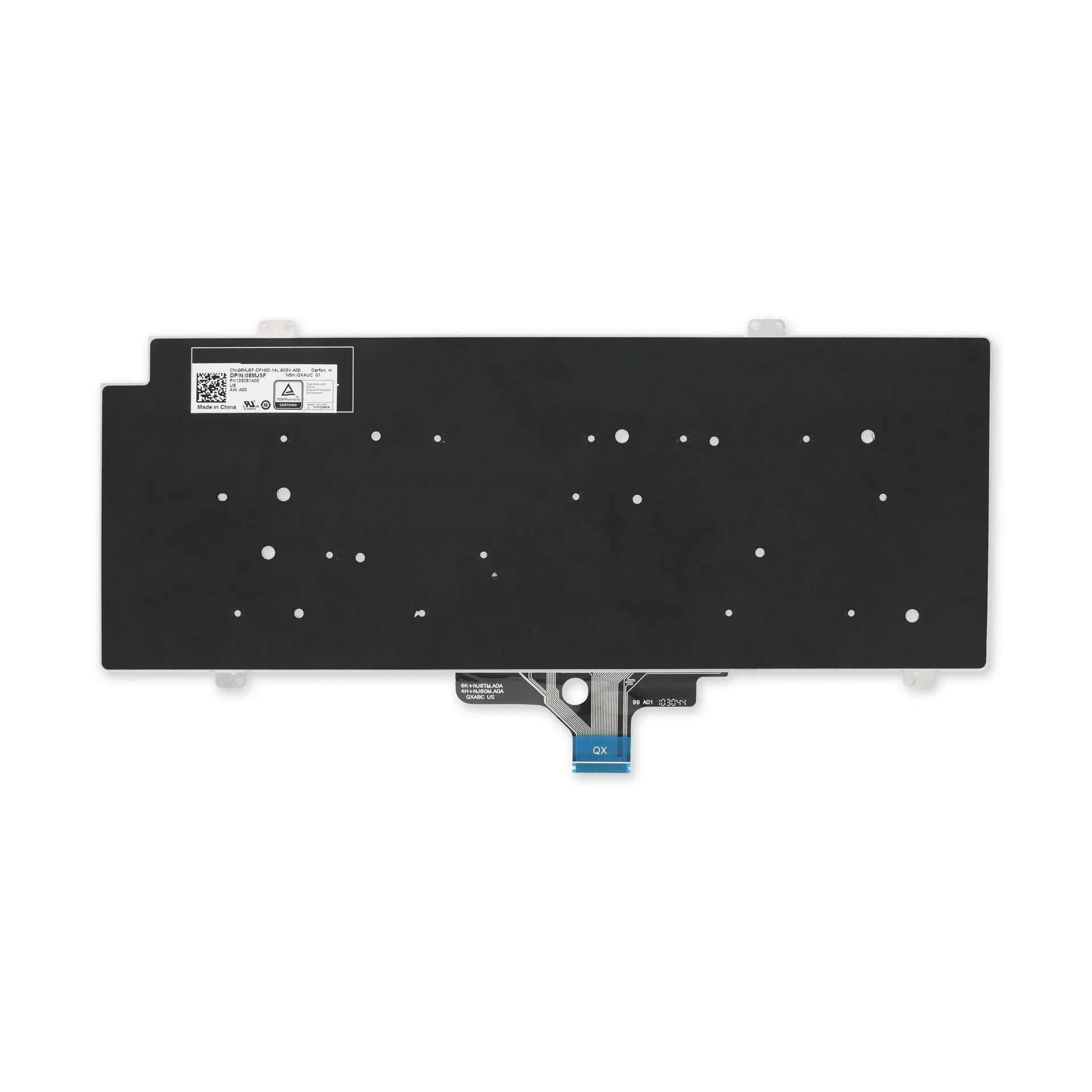 Ảnh tham chiếu mặt sau bàn phím Latitude 5420, bản 8MJ5F US. Cần đối chiếu tem và cáp trước khi thay.