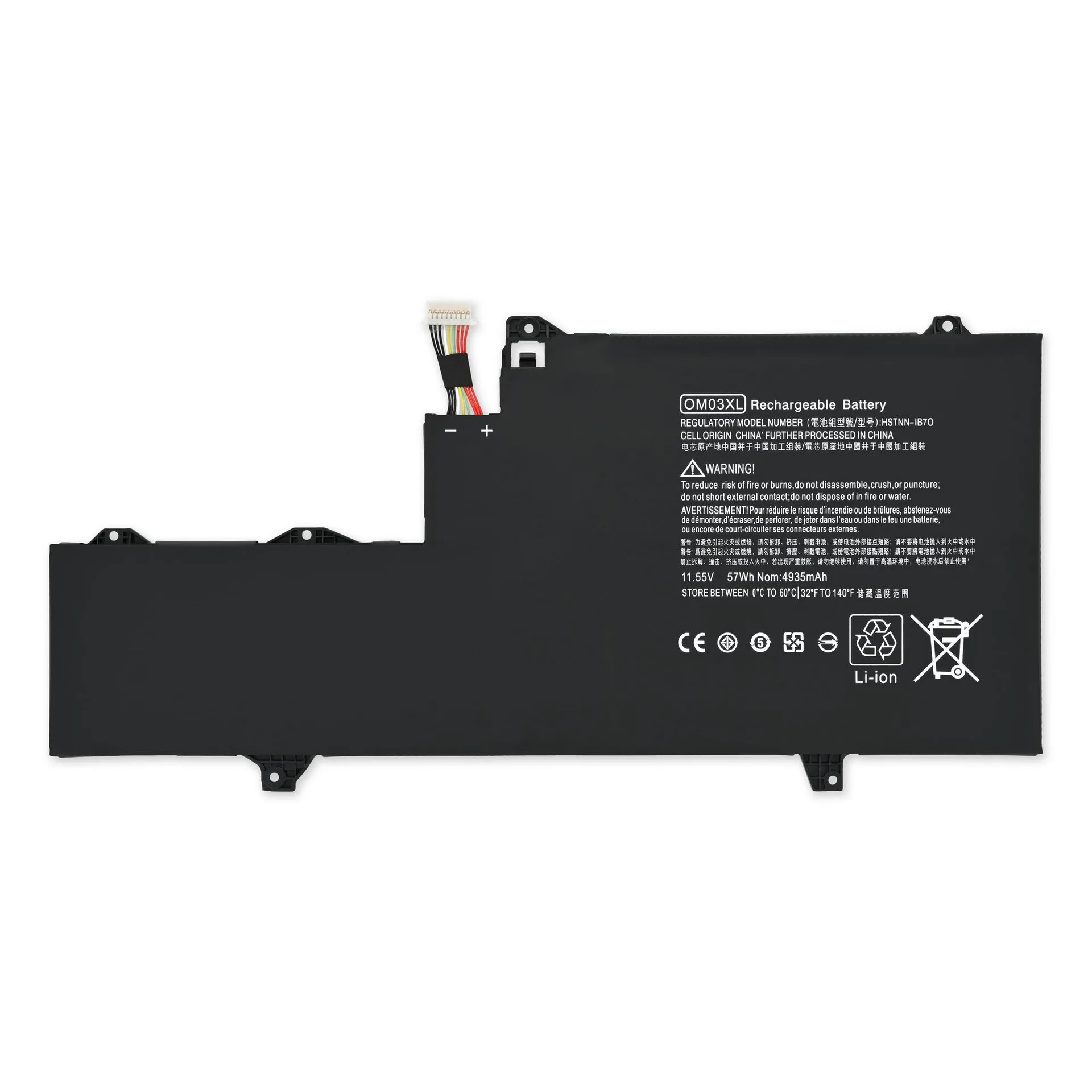 Ảnh tham chiếu pin OM03XL cho EliteBook x360 1030 G2: nhãn 57Wh, 11.55V và đầu cáp; không phải ảnh pin tại shop.
