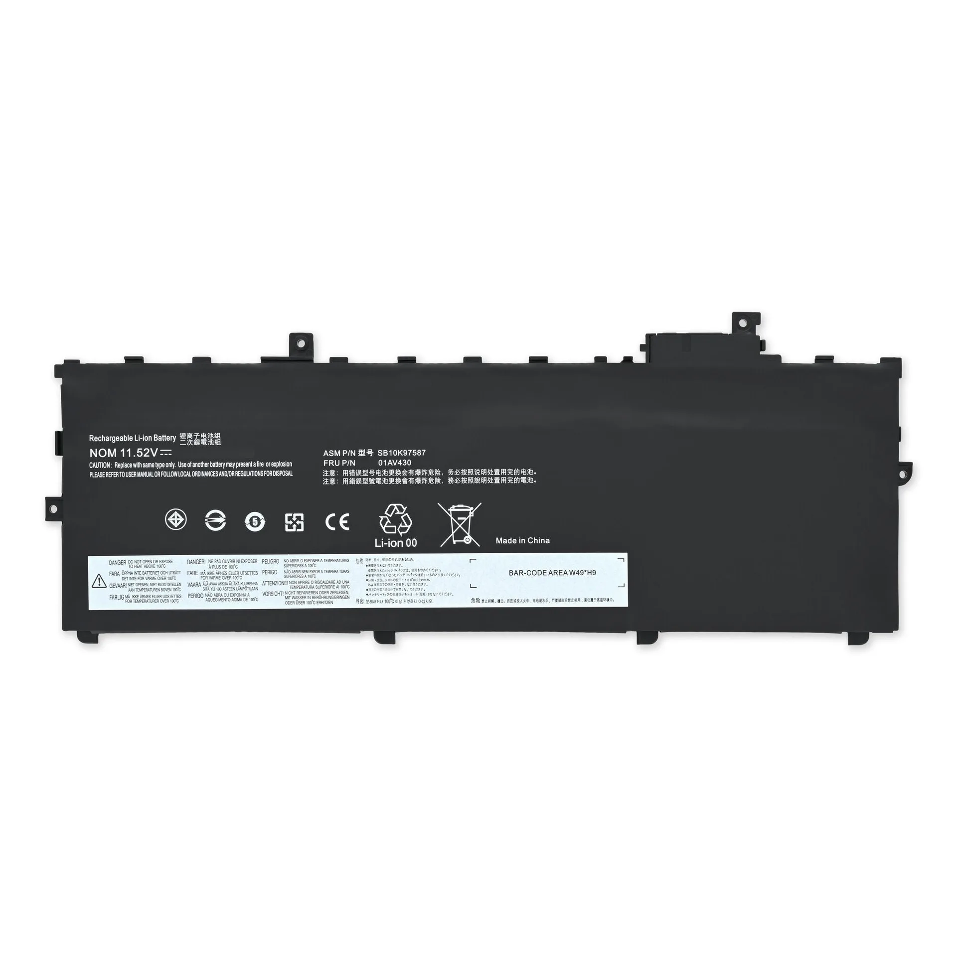 Ảnh tham chiếu pin X1 Carbon Gen 5: mặt nhãn 01AV430, SB10K97587, 11.52V; cần đối chiếu pin thực tế.