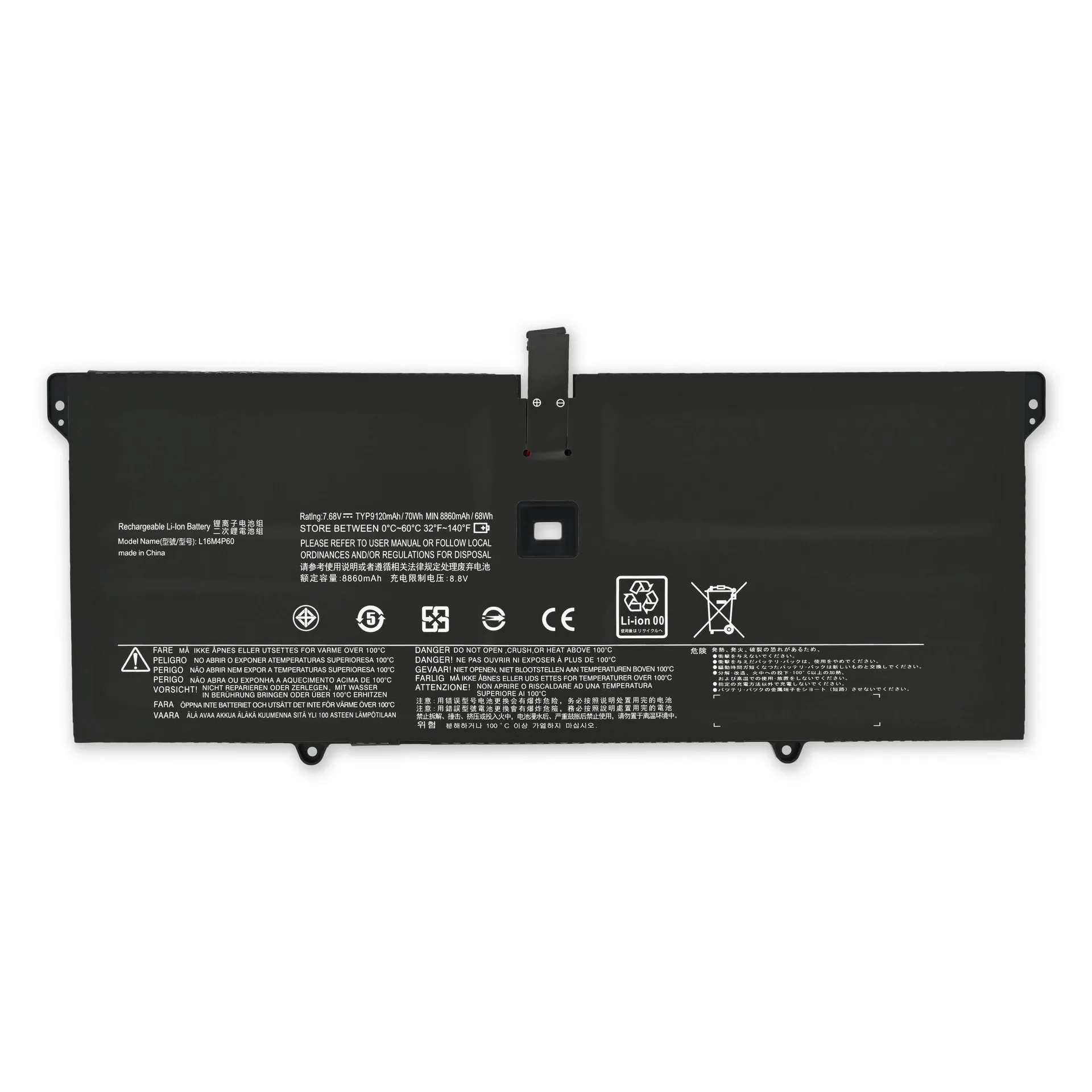 Ảnh tham chiếu pin L16M4P60 cho Yoga 920-13IKB: nhãn 70Wh điển hình, 68Wh định mức, 7.68V; không phải ảnh pin tại shop.