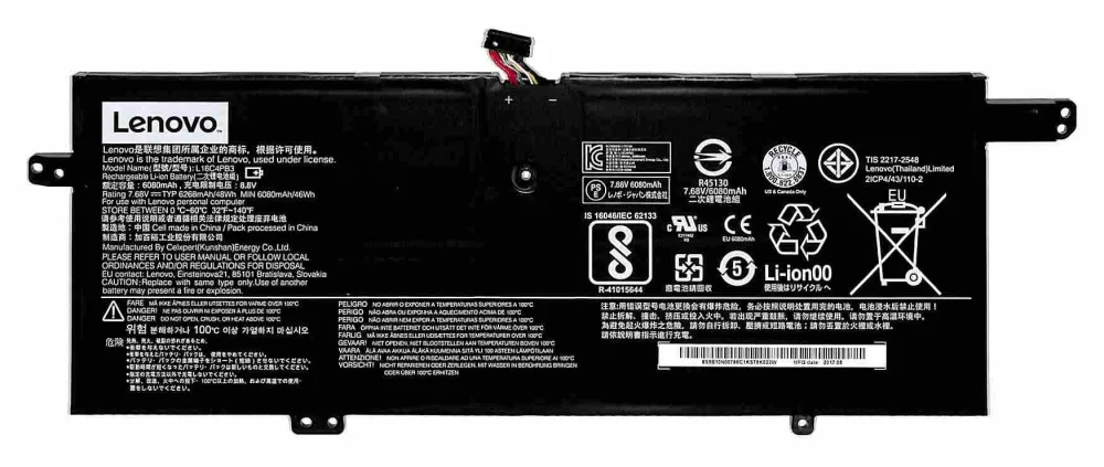 Ảnh tham chiếu pin L16C4PB3 cho IdeaPad 720S-13IKB: tem 48Wh điển hình, 46Wh định mức, 7.68V và đầu cáp; không phải ảnh pin tại shop.
